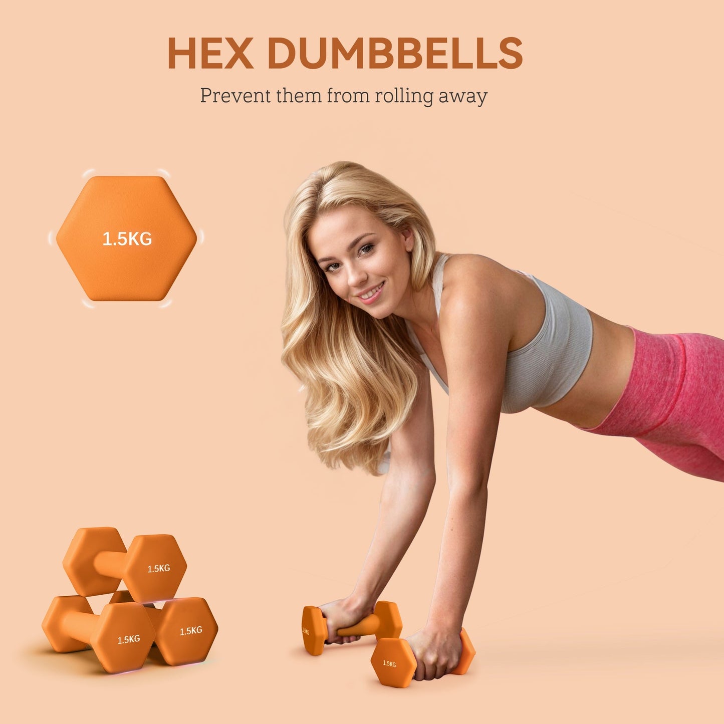 2 x 1.5kg Hexagonal Dumbbells Weights Set with Non-Slip Grip for Home Gym Workout, Orange-3