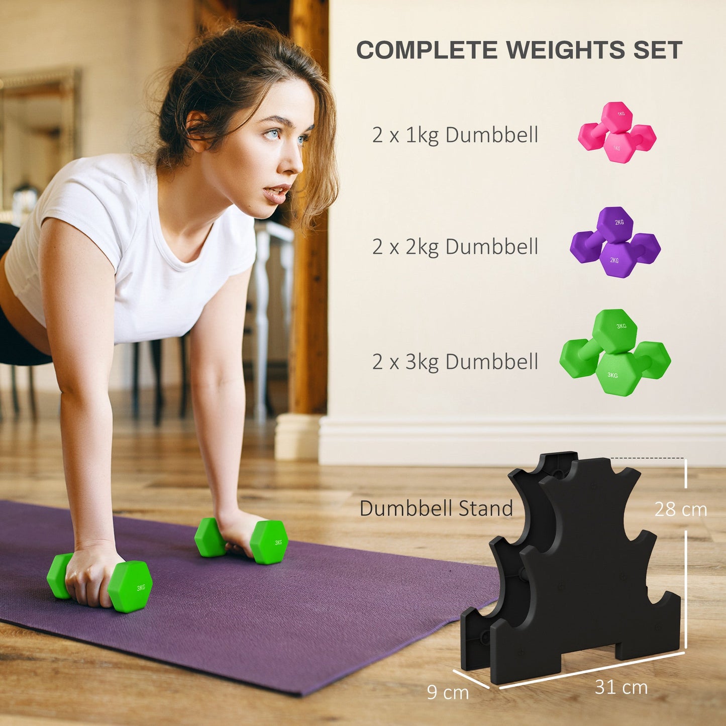 6 Piece Dumbbell Set with Rack - Hexagonal Non-Slip Hand Weights-3
