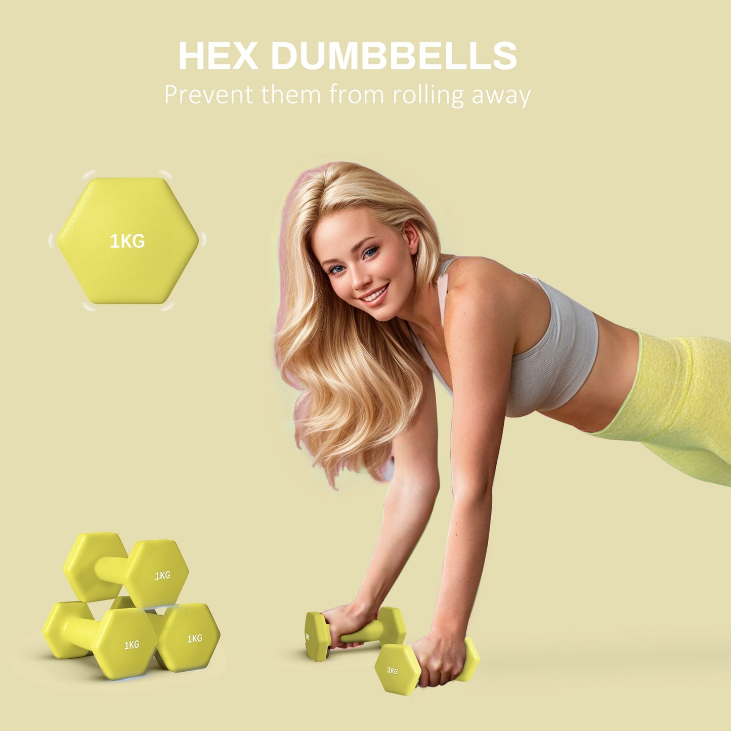 2 x 1kg Hexagonal Dumbbells Weights Set with Non-Slip Grip for Home Gym Workout, Yellow-3